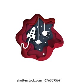 Cut of paper, origami. Night, space, planets and satellites, rocket, spaceship, vector