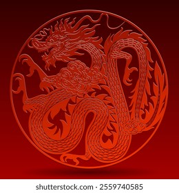 Cut paper of a red serpentine chinese dragon in circle frame illuminated from above on red background. Drawing for the coloring book. Vector illustration