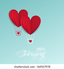 Cut paper red valentine hearts abstract composition on blue sky background. Vector illustration. Heart air balloons