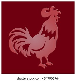 Cut paper rooster on red background, vector illustration