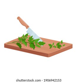 Cut parsley green herbs isometric vector illustration. Cartoon 3d cutting board, knife and fresh branches of greenery to cook food, cooking ingredients for meal and ready to eat dish isolated on white