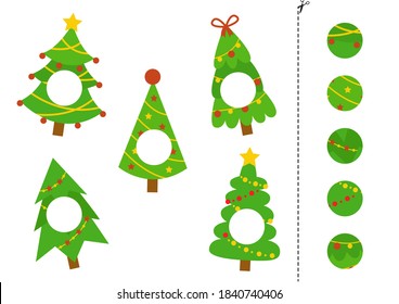 Cut parts of Christmas fir trees and glue them. Educational logical game. 