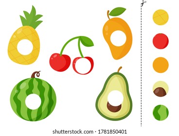 Cut the parts of fruits and glue them to right places. Vector illustration of pineapple, cherry, mango, avocado, watermelon. Educational logical game for kids.