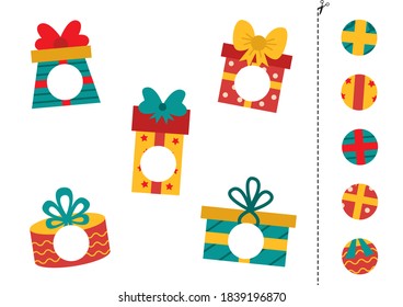 Cut parts of present boxes and glue them. Educational logical game. 