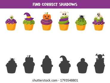 Cut parts of spooky Halloween cupcakes and glue them. Educational application game for kids. Printable autumn worksheet.