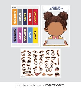 Children’s cut and paste activity with face expressions for emotional learning game.