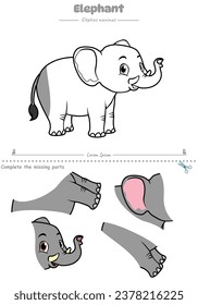 Cut und Paste Tier Elephant. Fertig für den Einsatz, einfach zu bearbeiten, druckfertig, Vektorgrafik. lustige Kinderaktivitäten, lustiges Puzzlespiel für Kinder. Rätsel