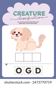 cut and paste animal learning alphabet english language worksheet printable for kids fun education