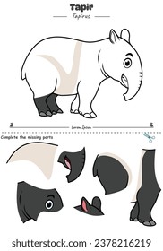 Cut and Paste animal Tapir. Ready to use, easy to edit, ready to print, vector. fun kids activities, fun puzzle game for kids. animal puzzle game