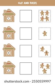 Cut and paste cartoon gingerbread men to match the numbers on gingerbread houses. Math game for kids.