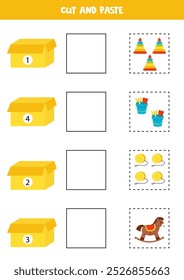 Cut and paste cartoon toys to match the numbers on boxes. Math game for kids.