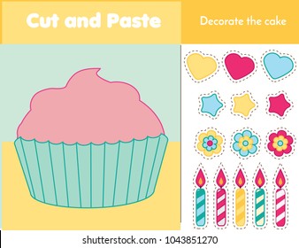 Cut and paste children educational game. Paper cutting activity. Decorate a cupcake with glue and scissors. Stickers game for toddlers