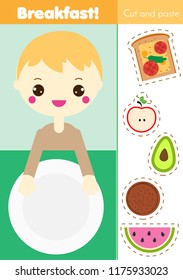 Cut and paste children educational game. Paper cutting activity. Make a breakfast food with glue and scissors. DIY worksheet