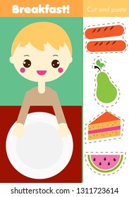 Cut and paste children educational game. Paper cutting activity. Make a breakfast food with glue and scissors. DIY worksheet
