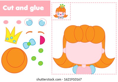 Cut and paste children educational game. Paper cutting activity. Make a cute princess with glue and scissors. DIY worksheet