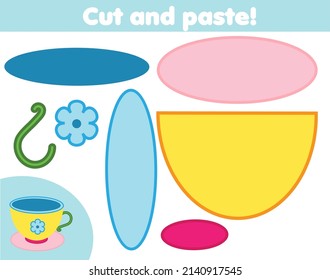 Cut and paste children educational game. Paper cutting activity. Make a tea cup with glue and scissors. DIY worksheet.