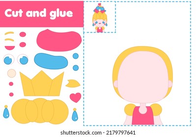 Corta y pega juegos educativos para niños. Actividad de corte de papel. Haz una princesa linda con pegamento y tijeras. hoja de cálculo DIY