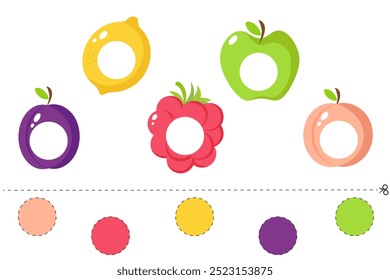 Cut and paste colorful circles onto the fruit. Learning to cut. Game for children. Educational cards for children. Preschool activity pages worksheet with cut out insert.