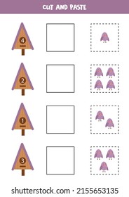 Cut and paste cute birds according to the numbers on birdhouses. Math game for kids.