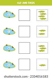 Cut and paste cute crocodiles according to the numbers on water ponds. Math game for kids.