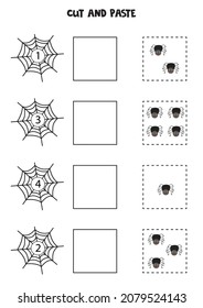 Cut and paste cute spiders according to the numbers on webs. Math game for kids.
