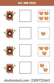 Cut and paste cute squirrels according to the numbers on tree hollows. Math game for kids.