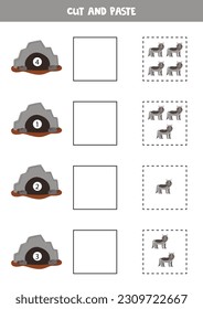 Cut and paste cute wolves according to the numbers on dens. Math game for kids.