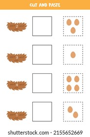 Cut and paste eggs according to the numbers on nests. Math game for kids.