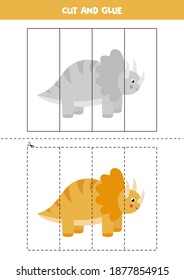 Cut and paste game for kids. Cute dinosaur trice raptor in cartoon style. Cutting practice for children.