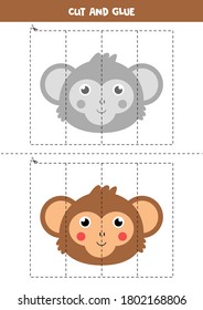 Cut and paste game for kids. Educational logical puzzle for preschoolers. Vector illustration of cute monkey in cartoon style. Cutting practice for children. 
