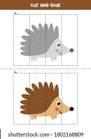 Cut and paste game for kids. Educational logical puzzle for preschoolers. Vector illustration of cute hedgehog in cartoon style. Cutting practice for children. 