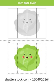 Cut und Paste Spiel für Kinder. Lernlogisches Rätsel für Vorschullehrer. Schneiden von Übungen für Kinder. Vektorgrafik von süßem, grünem Kawaii-Kohl-Cartoon-Stil.