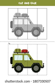 Cut and paste game for kids. Educational logical puzzle for preschoolers. Cutting practice for children. Vector illustration of safari car in cartoon style.