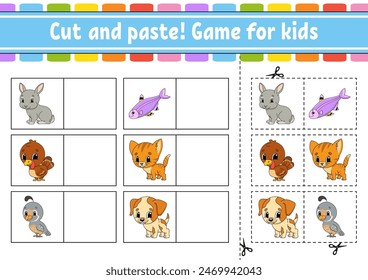 Cut and paste. Game for kids. Educational activity worksheet for kids and toddlers. Game for children. Vector illustration.