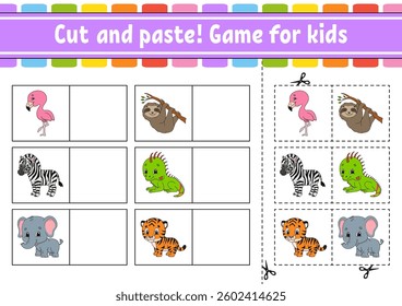 Cut and paste. Game for kids. Educational activity worksheet for kids and toddlers. Game for children. Vector illustration.