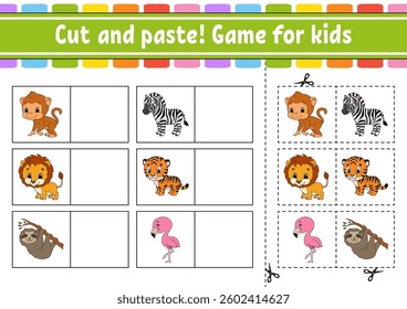 Cut and paste. Game for kids. Educational activity worksheet for kids and toddlers. Game for children. Vector illustration.