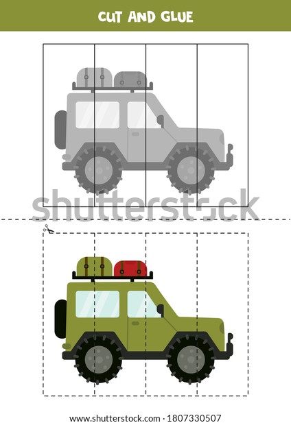 Cut and paste game for kids.\
Educational logical puzzle for preschoolers. Cutting practice for\
children. Vector illustration of safari car in cartoon\
style.