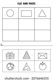 Cut and paste geometrical shapes. Educational game for preschool kids.