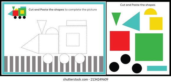 Cut and paste with glue engine. Education developing worksheet. Color paper game for preschool children. Cut parts of image and glue on paper. Cartoon character. Colorful vector stock illustration.