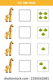 Cortar y pegar arbustos verdes según los números en jirafas. Juego de matemáticas para niños.