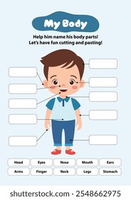 corte e cole Meu corpo, diagrama de partes de corpo humano em menino de desenho animado bonito. Gráfico infográfico educacional para crianças, ciência ou aprendizagem de línguas