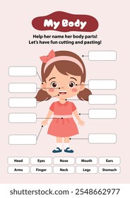 cut and paste My Body, human body parts diagram on cute cartoon girl. Educational infographic chart for kids, science or language learning