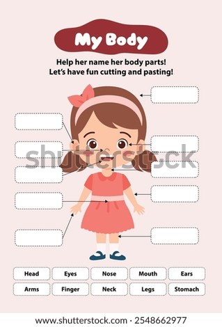 cut and paste My Body, human body parts diagram on cute cartoon girl. Educational infographic chart for kids, science or language learning