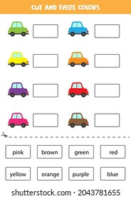 Cut and paste names of colors. Educational worksheet for learning colors.