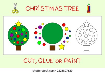cut, paste or paint the Christmas tree. Simple geometric shapes. Easy educational game for kids: paper craft and coloring
