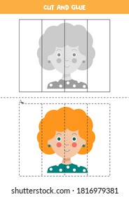 Cut and paste picture with cute happy ginger haired girl. Educational puzzle for preschoolers.