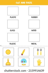 Cut and paste pictures according to material. Educational worksheet for learning materials.