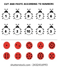 Cut and paste pictures according to numbers. Cute cartoon ladybugs. Count from 1 to 10.