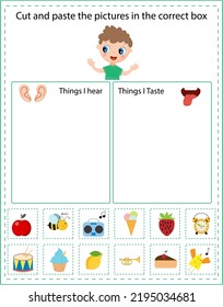 Cut and paste the pictures in the correct box. Montessori game for kids. Sorting of items. Five senses. 