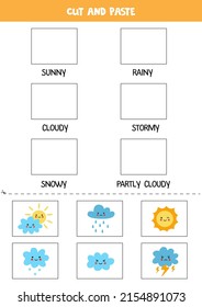 Cut and paste weather pictures. Educational worksheet for learning colors.